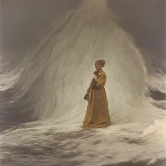 Prompt: a closeup portrait of a woman wearing wrapped in plastic, standing in front of a giant tsunami wave, color photograph, by james abbott mcneill whistler, canon eos c 3 0 0, ƒ 1. 8, 3 5 mm, 8 k, medium - format print