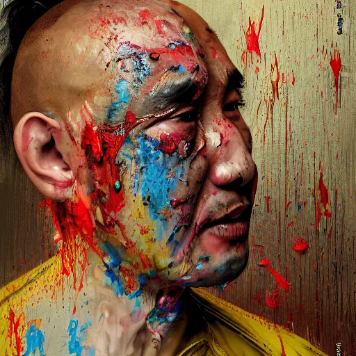 Image similar to photorealistic face portrait of chinese uyghur muslim prisoner, spilled paint, wearing victorian rags, elite, disfigured, drooling, moist, unnatural movement, they are unhappy, bizzaro, baroque, renaissance, by emedios varo and anato finnstark and fenghua zhong, hyperrealism, 8 k, 3 d, masterpiece, texture