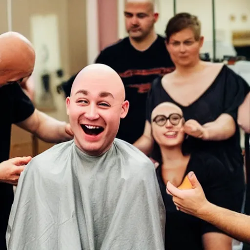 Prompt: people pointing at a bald person, shaving head while people point, everyone watching someone shave their head, pointing at a bald person, people with hair laughing at bald people, cornering a bald person, scared bald people