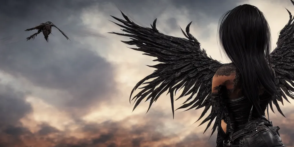 Image similar to a woman with black hair and a leather jacket with phoenix wings, character portrait, unreal engine 5, intricate, detailed, realistic, masterpiece