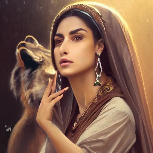 Image similar to a Photorealistic dramatic hyperrealistic render of an arab ameera al taweel, green tan skin, eyes, brown hair, white veil, with a pet lion by WLOP,Artgerm,Greg Rutkowski,Alphonse Mucha, Beautiful dynamic dramatic dark moody lighting,shadows,cinematic atmosphere,Artstation,concept design art,Octane render,8K