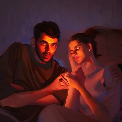 Image similar to lovers in the dark. art by salman toor. faithfully depicted facial expression, perfect anatomy, sharp focus, global illumination, radiant light, detailed and intricate environment, trending on artstation