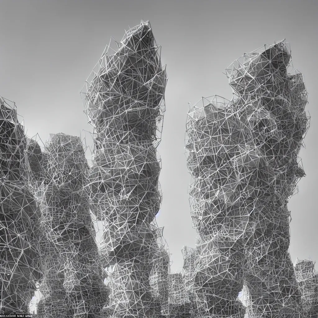 Prompt: two suspended towers made up of colourful makeshift squatter shacks, plain uniform sky at the back, misty, mamiya rb 6 7, ultra sharp, very detailed, photographed by zaha hadid