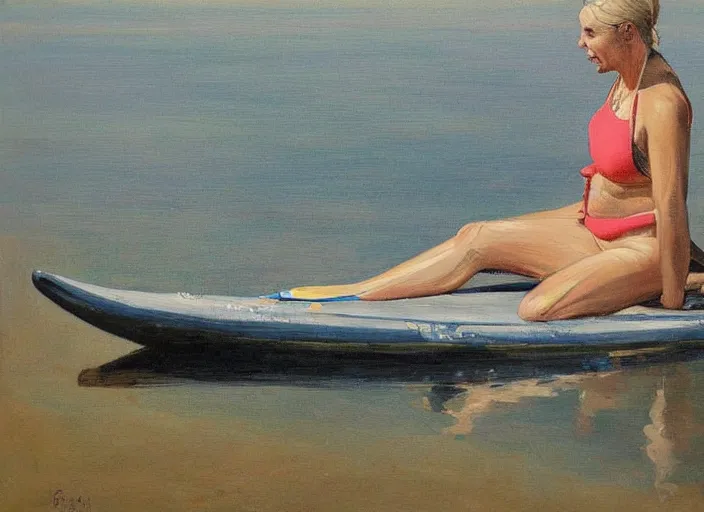 Prompt: painting of a swedish women on a sup wearing a swimsuit, by bruno liljefors