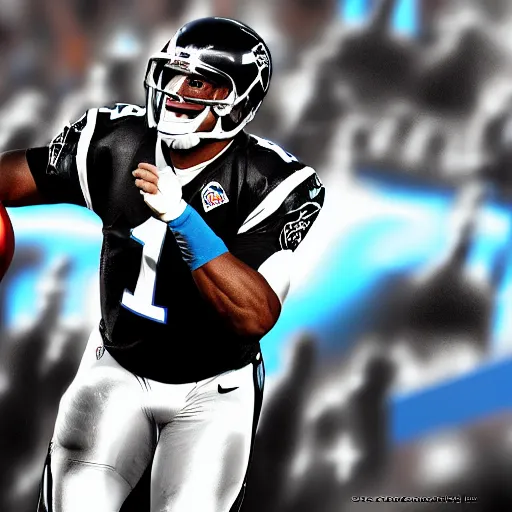 Prompt: Cam newton in a raiders uniform portrait black background