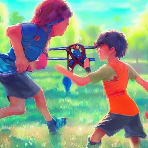 Prompt: training battle, group of children, training fields, summer camp, highly detailed, artstation, digital painting, vibrant colors, by alena aleani