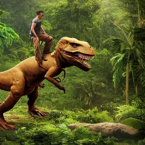 Image similar to a t-rex with a man on his back riding in a jungle, highly detailed, photorealistic, trending on national geographic