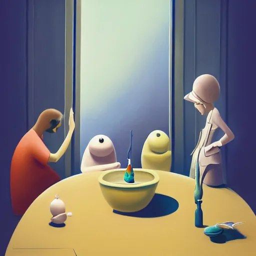 Image similar to a painting of three people sitting at a table, a surrealist painting by goro fujita, behance contest winner, pop surrealism, surrealist, hall of mirrors, art on instagram