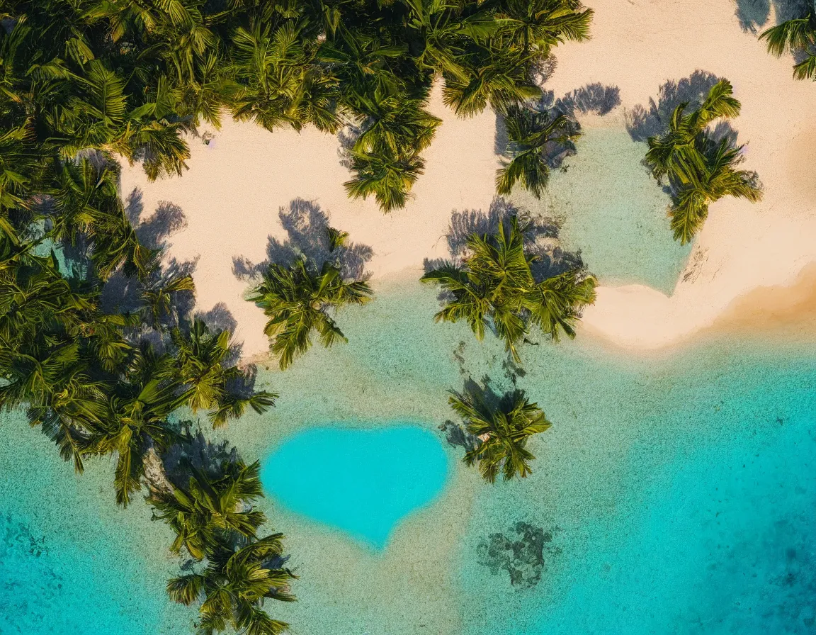 Prompt: photo of ultra realistic heart / shaped sandy beach island with one exotic palm tree, sunset lighting