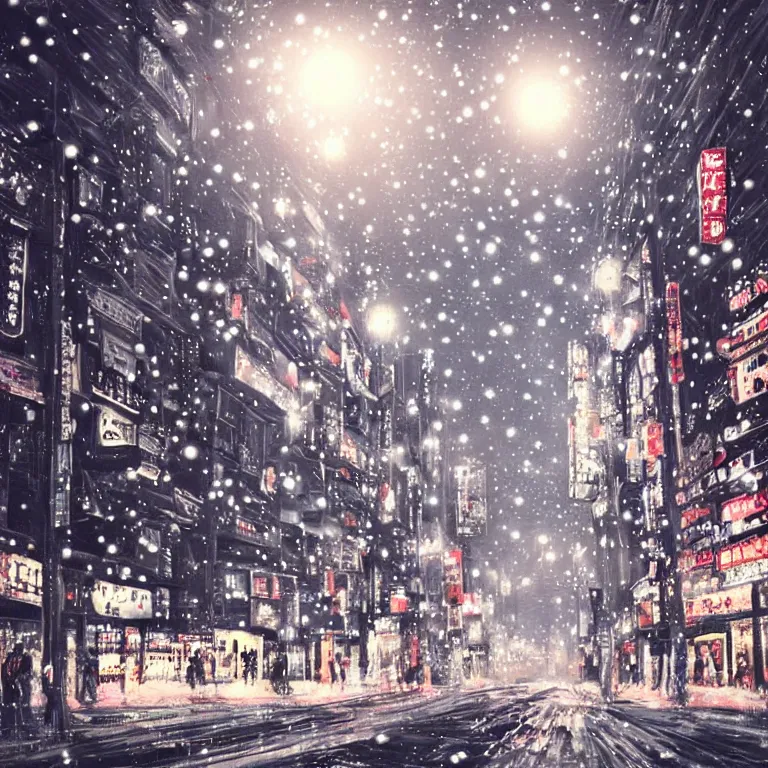 Image similar to beautiful and detailed illustration of tokyo with many lights and lens flares, snowy winter christmas night