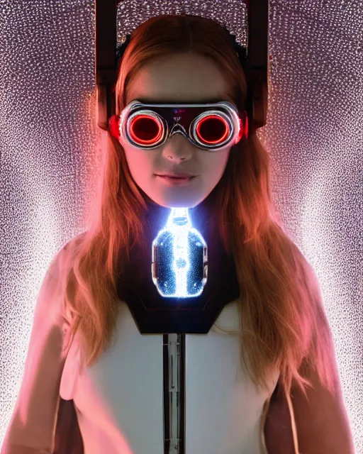 Prompt: centered portrait of soulful young sabrina salerno as a solarpunk mecha humanoid robotic parts wearing crystal goggles with bright led lights, real human face, pudica gesture bouguereau style, in white room, ultra - realistic and intricate, soft portrait shot 8 k