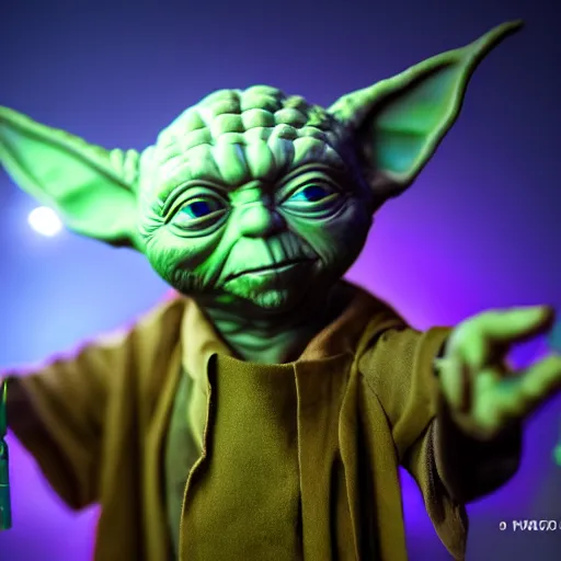 Image similar to Yoda at a rave, highly detailed, high quality, HD, 4k, 8k, Canon 300mm, professional photographer, 40mp, lifelike, top-rated, award winning, realistic, sharp, no blur, edited, corrected, trending