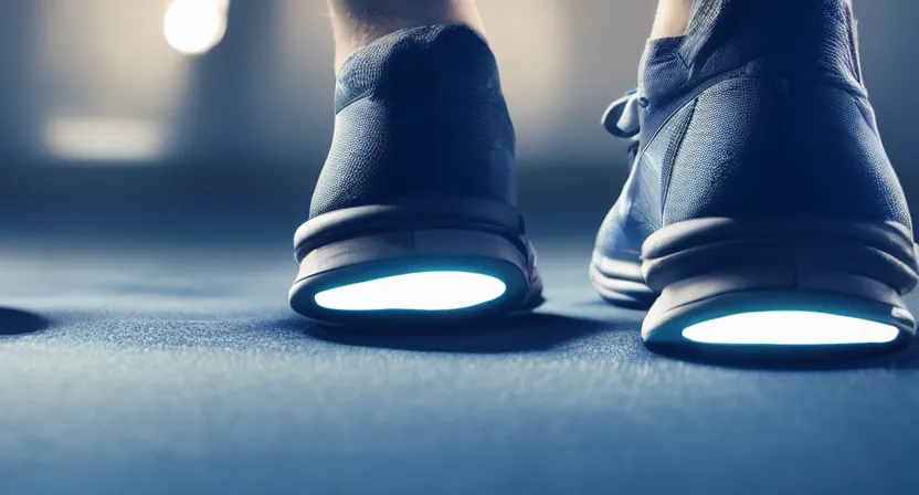 Prompt: close up on worn out running shoes running on a treadmill. cinematic lighting. dark. moody. octane render. blue grey tones.