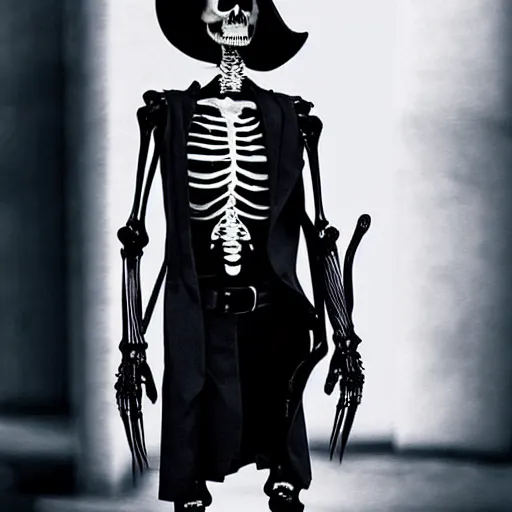 Prompt: extremely cool and badass skeleton wearing black clothes, ultra realistic