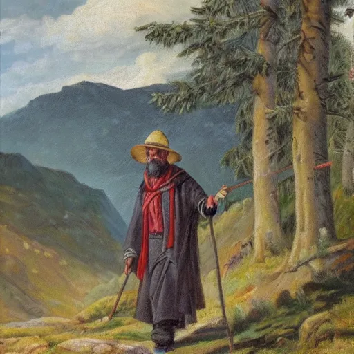 Prompt: a man in a grey cloak and brimmed hat with a staff travelling trough the mountains with trees, very detailed, colorful, oil painting, clouds