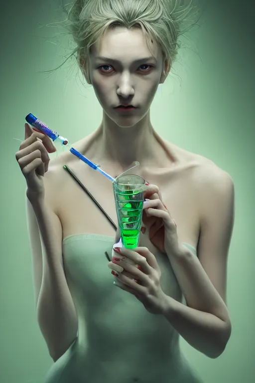 Image similar to hyperrealistic photography of a gorgeous female doctor holding a syringe containing green liquid in the style of jin kagetsu, james jean, chris cunninham, hans bellmer and wlop, highly detailed, face symmetry, masterpiece, award - winning, sharp focus, intricate concept art, ambient lighting, 8 k, artstation