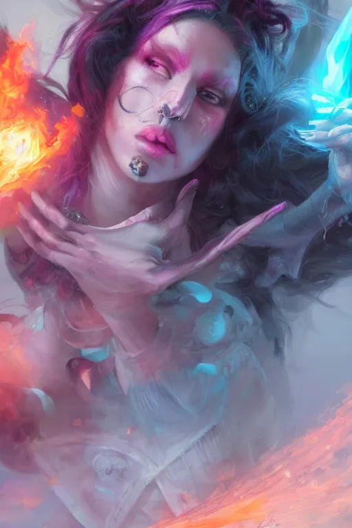 Prompt: beautiful girl necromancer, witch - doctor exploding into rainbow velvet, angels, 3 d render, hyper - realistic detailed portrait, holding fire and electricity, ruan jia, wlop. scifi, fantasy, magic the gathering, hyper detailed, octane render, concept art, peter mohrbacher
