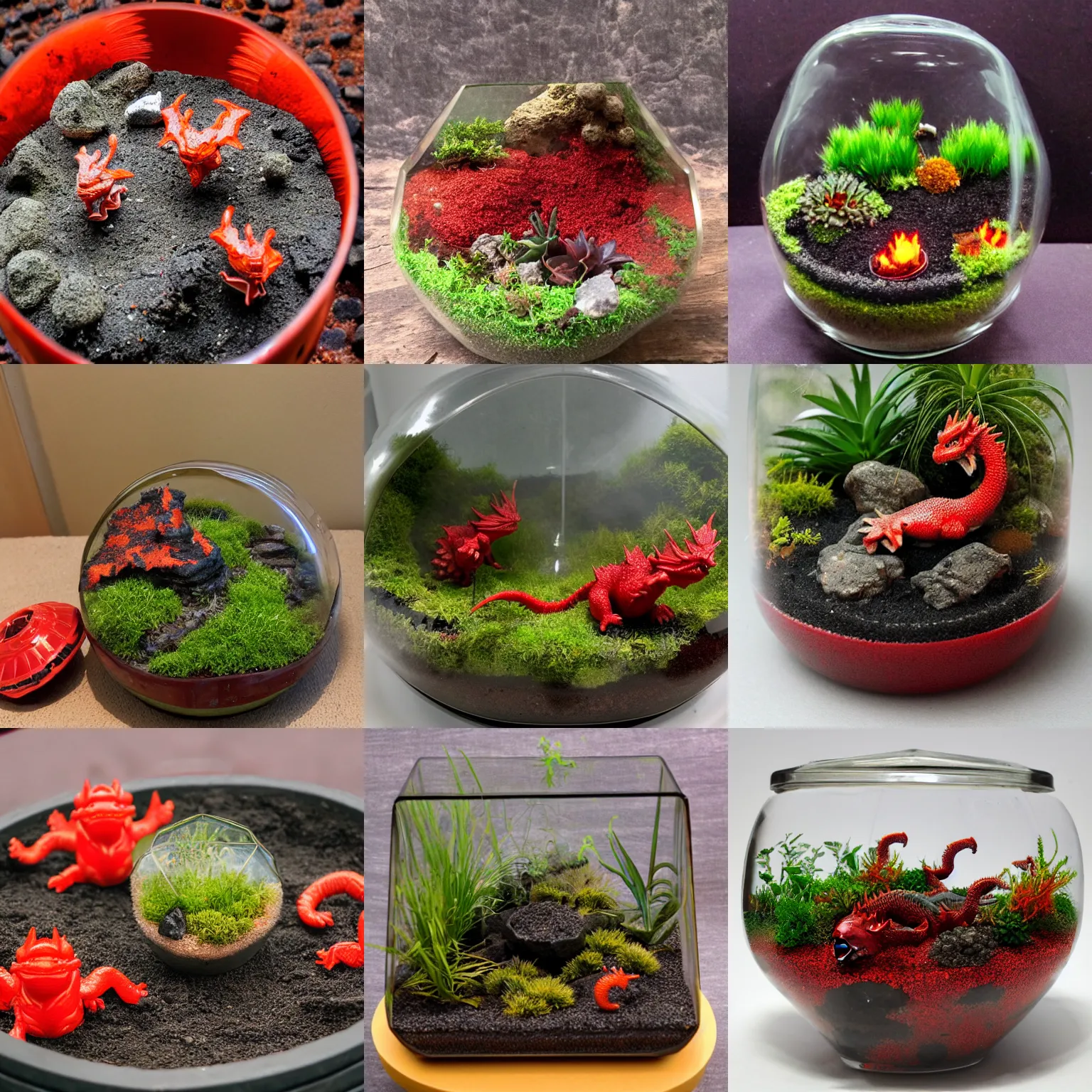 Prompt: terrarium filled with lava containing small red dragons