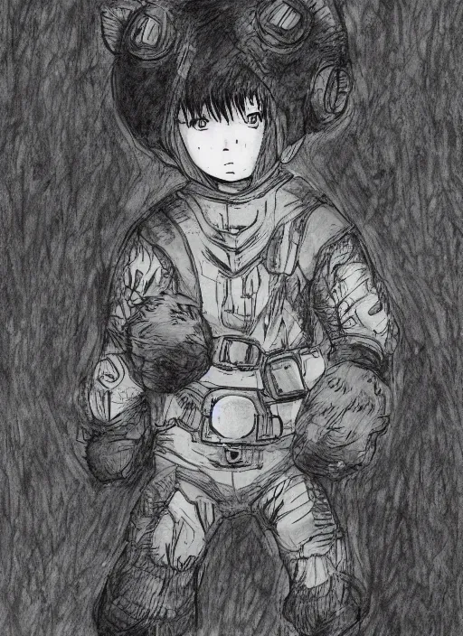 Image similar to beautiful little boy wearing an cyborg bear suit, artwork in kentaro miura and made in abyss and rosdraws, smooth, beautiful lightness, anatomically correct, trending on pixiv, forest