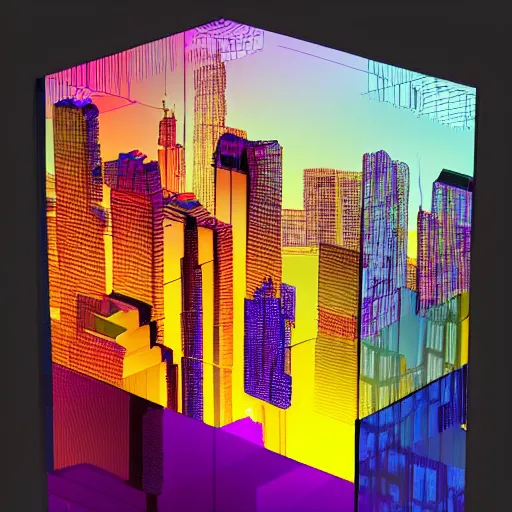 Prompt: a beautiful amazing art of a colorful cityscape resembling pixels reflected in a cube by tom haugomat, serena malyon, maxim shirkov, alex pogrebniak and robin gundersen, trending on artstation, featured on behance.