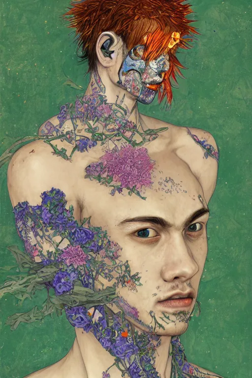 Image similar to portrait of beautiful young man, warhammer, japanic style, cyberpunk, a lot of scars, more and more flowers, blue head, green side, the middle ages, highly detailed, artstation, illustration, art by gustav klimt, 8 k quality