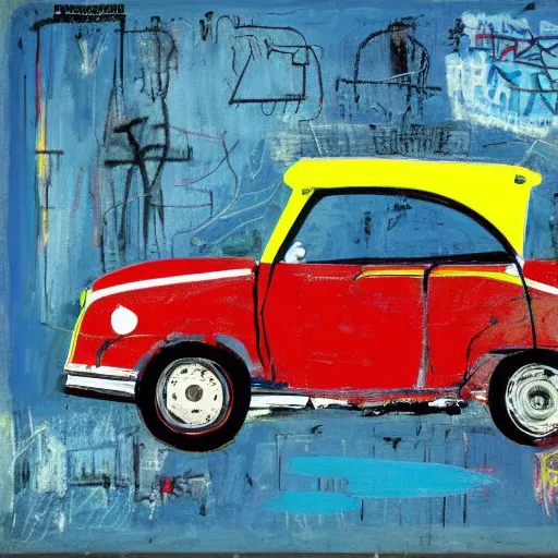 Image similar to pt cruiser on a racetrack, basquiat