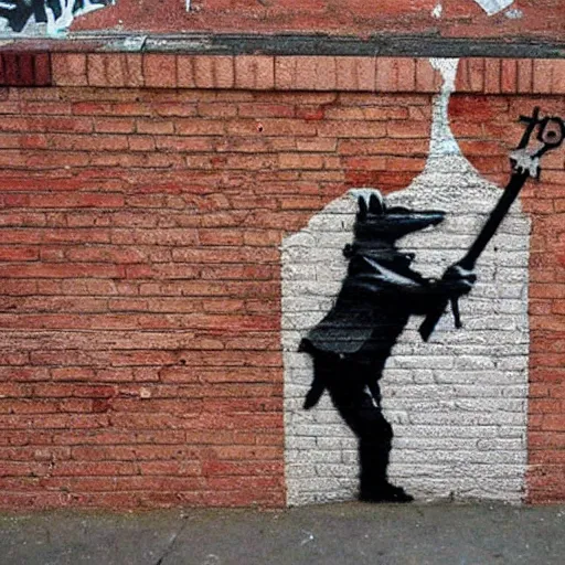 Image similar to Banksy street art showing a rat holding a hammer and sickle. On a brick wall in a big city. Highly detailed. Linden street art. Banksy