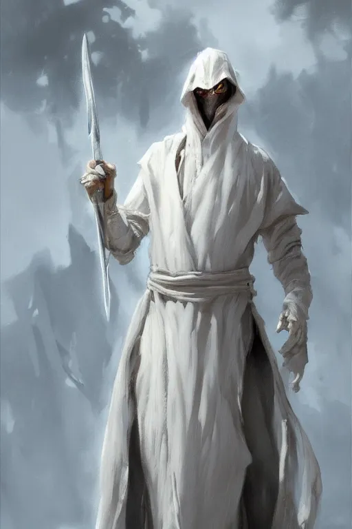 Image similar to fantasy painting of a pale man dressed in robes with a black blade, painted by Bayard Wu, ultra detailed, 8k