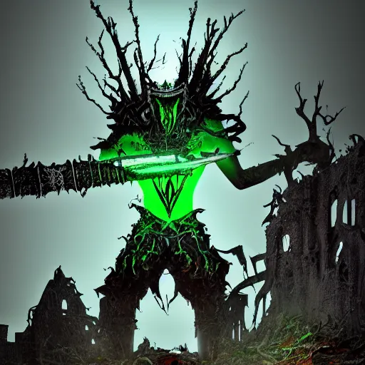 Prompt: 3D model of a (creepy sentinel king) wielding the (mythical) (blade) of the ruined king, (abandoned) (ruins), terror, digital art, destruction, the (void,) ominous vibes, green crown glowing, fear, very detailed, evil, smoke, trending on artstation, intricate details, high definition, 16k, Artstation, by John Wallin Libert