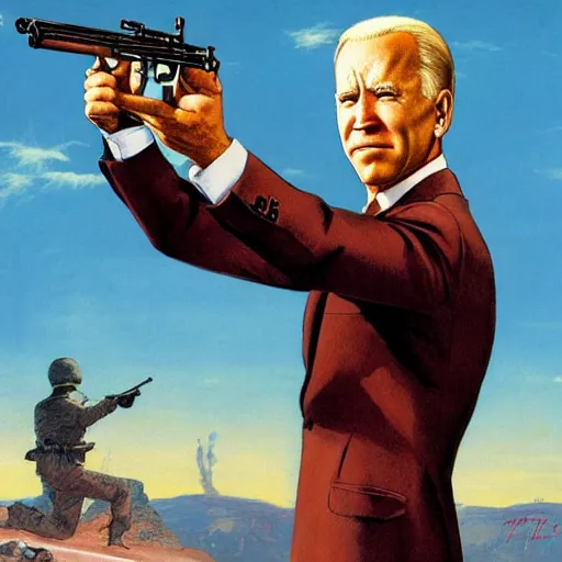 Image similar to propaganda poster of joe biden pointing gun directly at camera in james bond movie, closeup of gun, visible barrel and grip by j. c. leyendecker, bosch, lisa frank, jon mcnaughton, and beksinski