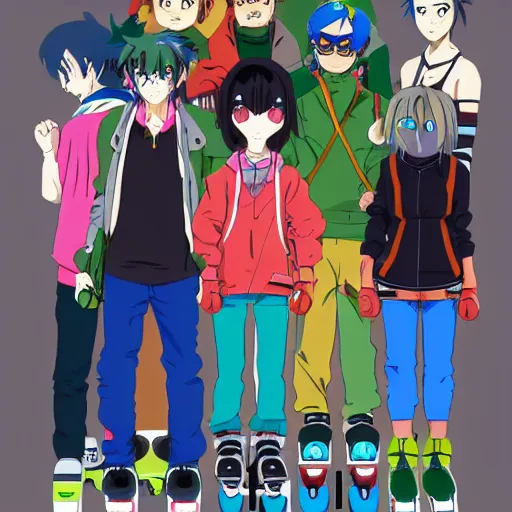 Image similar to gang of anime youths rollerblading, rollerskating, colorful clothes, 2 0 0 1 anime, flcl, jet set radio future, golden hour, japanese town, cel - shaded, strong shadows, vivid hues, y 2 k aesthetic