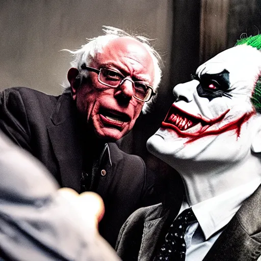 Image similar to stunning awe inspiring ( bernie sanders ) playing the joker in a batman movie, movie still 8 k hdr atmospheric lighting