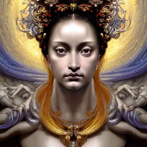 Image similar to baroque closeup renaissance portrait of a beautiful moon goddess with stars in her hair, reflective detailed textures, glittering silver ornaments, dark fantasy science fiction painting by diego rivera and jean delville and ruan jia and nicholas roerich and annie swynnerton, dramatic lighting, gleaming silver and rich colors, floral tattoos, artstation, octane render