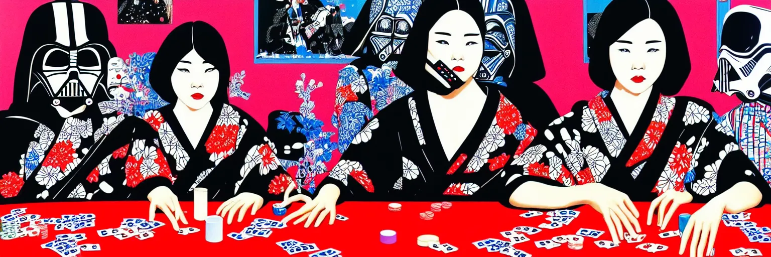 Image similar to hyperrealism composition of the detailed woman in a japanese kimono sitting at an extremely detailed poker table with darth vader and stormtrooper, fireworks on the background, pop - art style, jacky tsai style, andy warhol style, acrylic on canvas