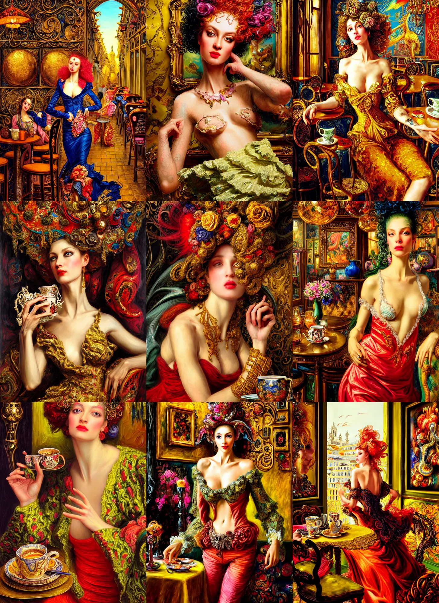 Prompt: Neo Rococo Expressionist, Maximalism, orientalism, diffuse lighting, fantasy, intricate, elegant, highly detailed, lifelike, photorealistic, digital painting, artstation, illustration, concept art, smooth, sharp focus, The City of Lisbon in a cafe shop there is many people walking and advertisements are everywhere, art by John Collier and Albert Aublet and Krenz Cushart and Artem Demura and Alphonse Mucha