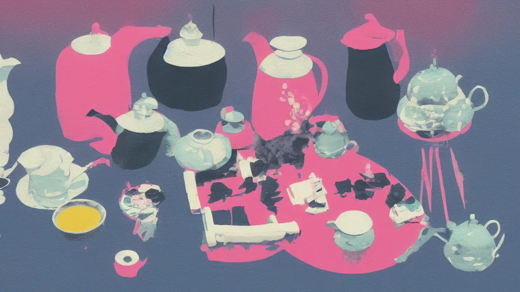 Image similar to a small tea setting, japan, a collage painting, in the style of wes anderson, lola dupre, david hockney, isolated on negative white space background dark monochrome neon spraypaint accents volumetric octane render