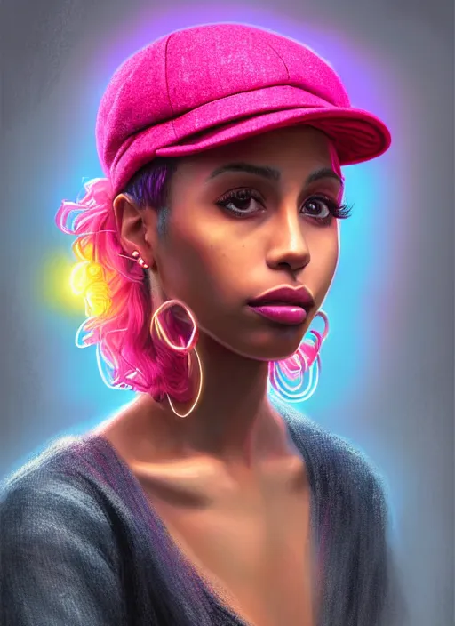 Image similar to portrait of teenage vanessa morgan with bright pink hair, black girl, vanessa morgan, curly pixie cut hair, wearing newsboy cap, newsboy cap, hoop earrings, intricate, elegant, glowing lights, highly detailed, digital painting, artstation, concept art, smooth, sharp focus, illustration, art by wlop, mars ravelo and greg rutkowski