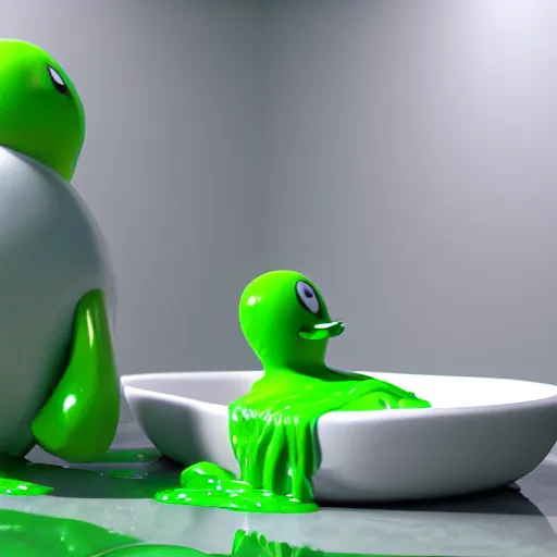 Prompt: rubber duck made of green slime melting on a bathroom, unreal engine 5, excellent composition, trending on artstation, million of likes, ray tracing, natural lighting