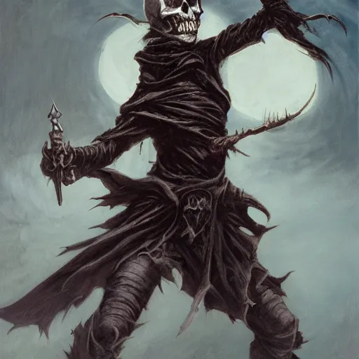 Prompt: wraith, undead, skull, dark, art by brom