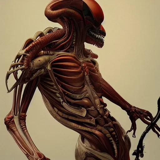 Image similar to the anatomy of a xenomorph, hyper realistic, 4 k, rule of thirds, extreme detail,, trending artstation, realistic lighting, by alphonse mucha, greg rutkowski, short neck