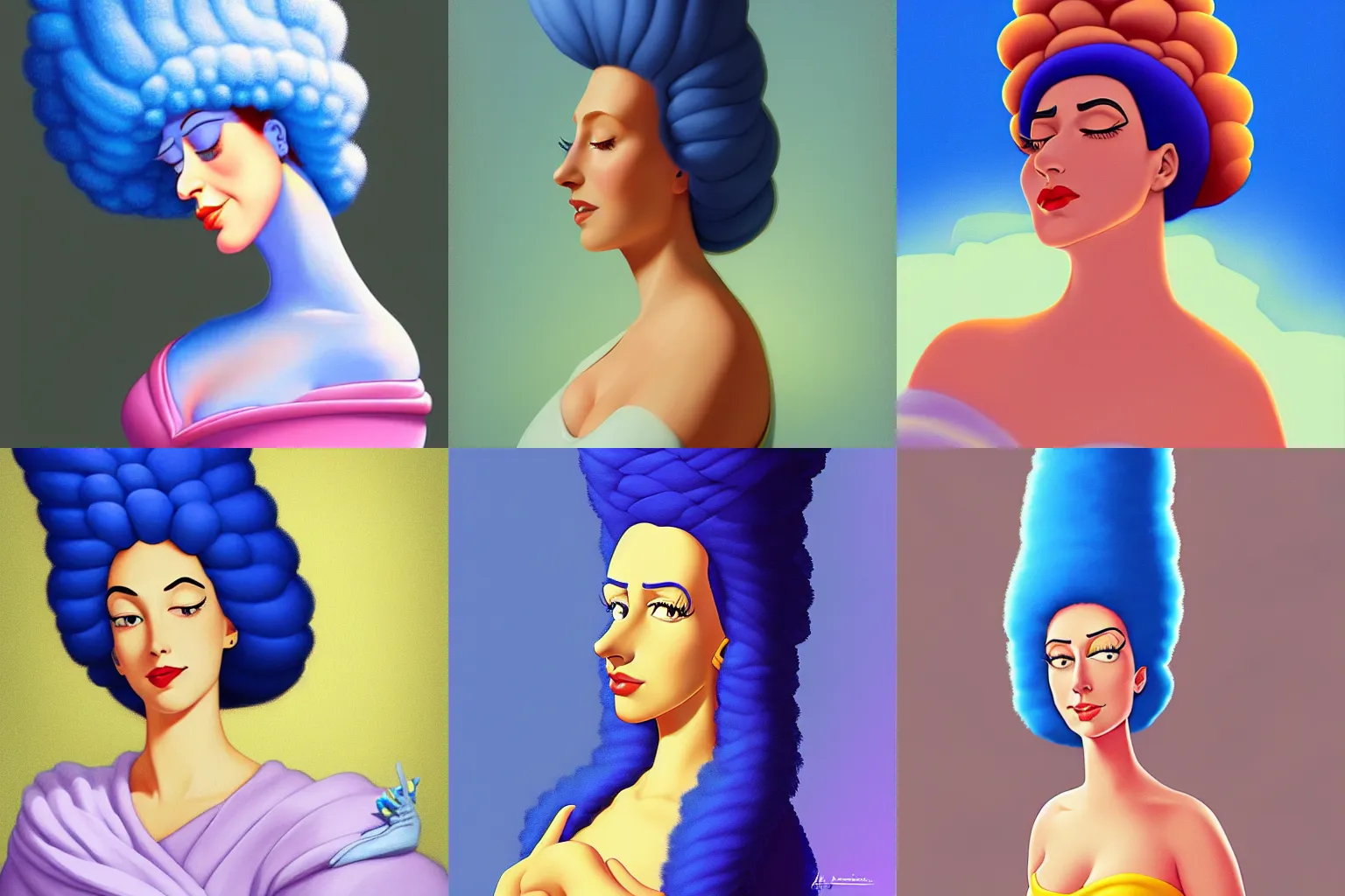 Prompt: portrait of marge simpson, dreamy and ethereal, expressive pose, peaceful expression, elegant, highly detailed, digital painting, artstation, concept art, smooth, sharp focus, by Alberto Vargas