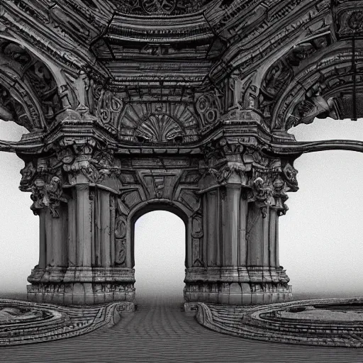 Prompt: a beautiful 3 d gigantic golden hell's gate osborne robert mandel artstation unreal 8 k ， greco - roman art, intricate complexity, gilded swirls on monochrome, occult propaganda, in the thick fog