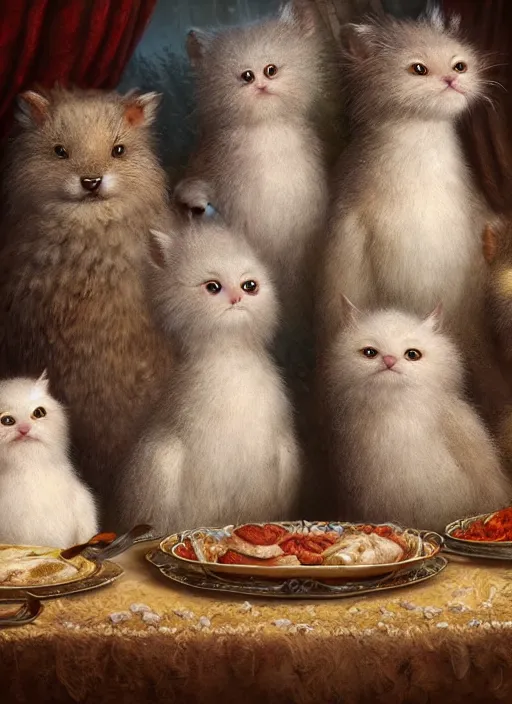 Prompt: highly detailed group closeup portrait of cute fluffy animals having a banquet in a castle, unreal engine, nicoletta ceccoli, mark ryden, earl norem, lostfish, global illumination, god rays, detailed and intricate environment