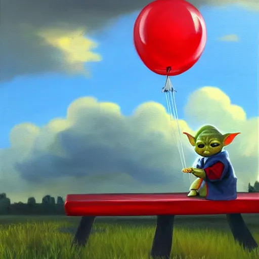 Image similar to eye - level view, shot from 5 0 feet distance, baby yoda plays is on a seesaw at a tranquil city park. a balloon vender sells balloons in the background. depth, dramatic clouds, setting sun. golden hour, oil on canvas painting, detailed, depth, volume, chiaroscuro, quiet intensity, serene.