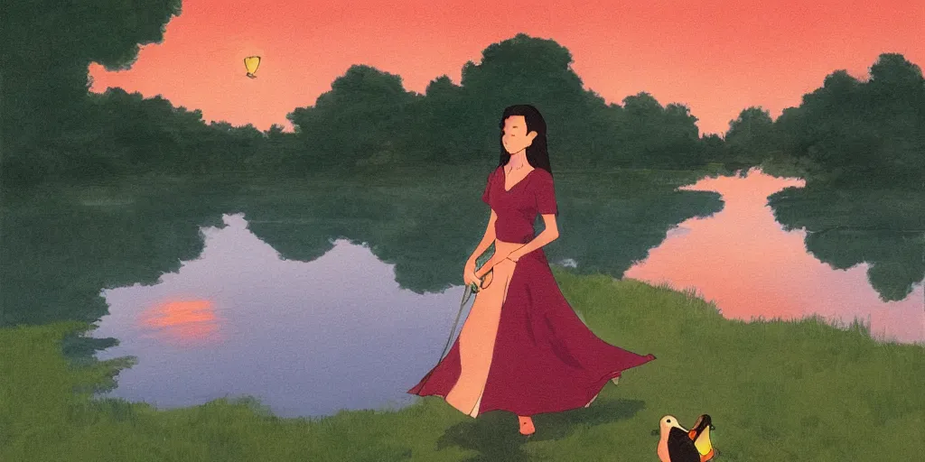Prompt: A medium shot painting of a beautiful girl walking by the lake while holding her pet Green Head Mallard Duck, with paper lanterns rising in the sky, dusk, by Studio Ghibli