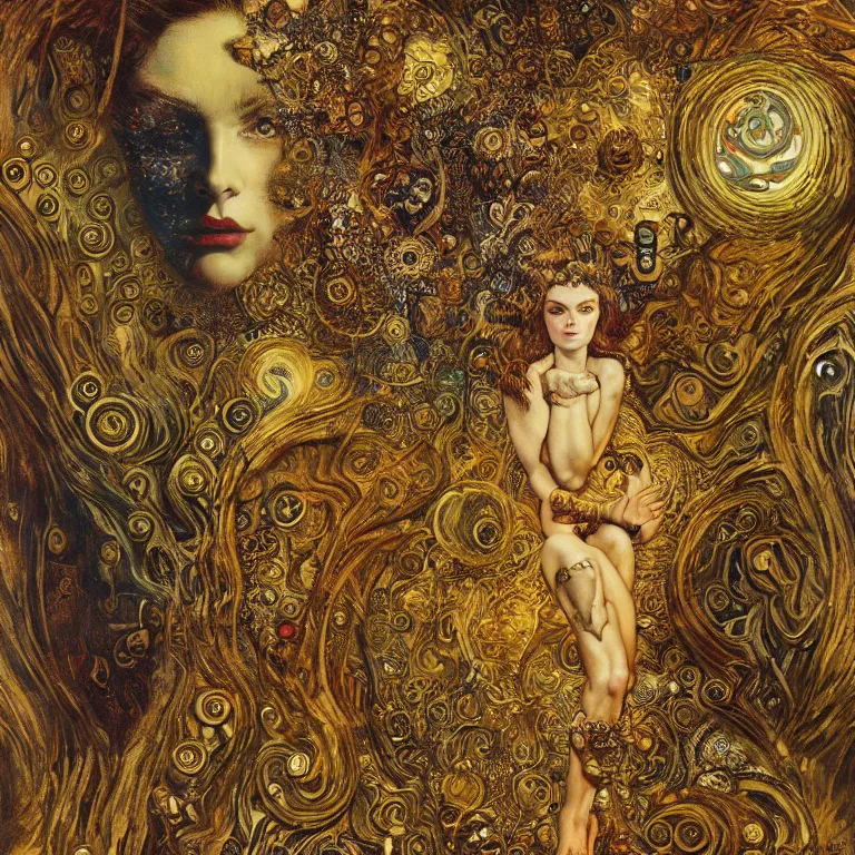 Image similar to Divine Chaos Engine by Karol Bak, Jean Deville, Gustav Klimt, and Vincent Van Gogh, visionary, sacred fractal structures, ornate gilded medieval icon, spirals, 8k 3D