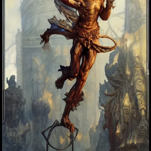 Image similar to Roguish Picaro Dsurion stands at the gates of Hades Hand Crafted By Rodin. Painting by greg rutkowski Donato Giancola Jeff Simpson norman rockwell stamp watercolor