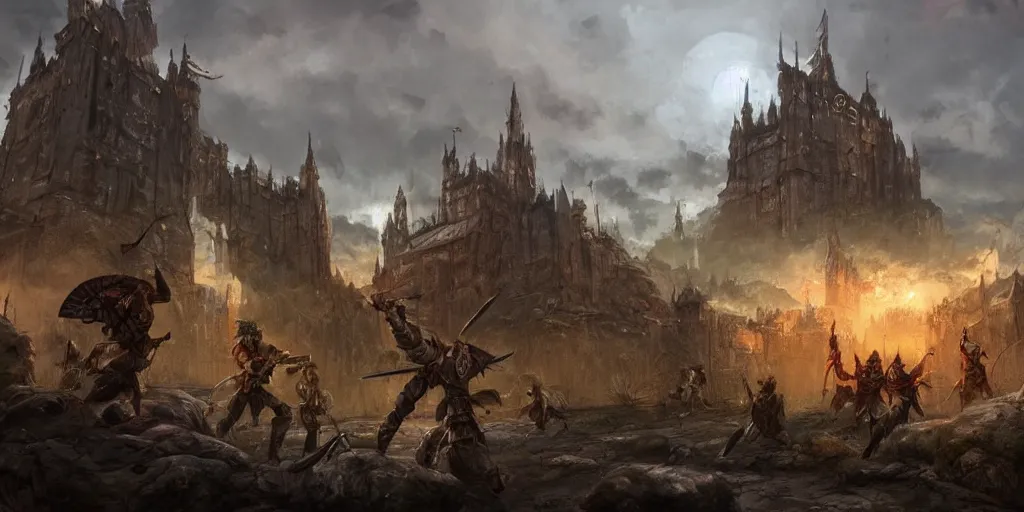 Image similar to a fabulous fantasy matte painting of fighting warriors next to a castle in evening, by Simon Bisley, artstation