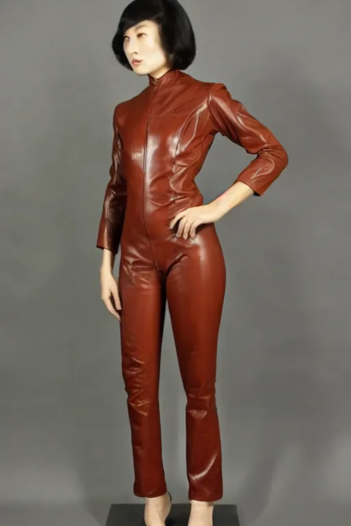 Prompt: youthful asian demure, exquisite features, feminine cut, 1 9 7 0's frontiers in flight leather suit