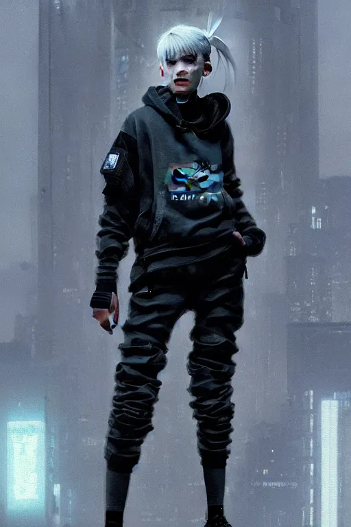 Image similar to very cool girl grey hair girl wearing streetwear, techwear, cyberpunk style outfit, full body portrait, atmospheric lighting, detailed portrait, volumetric cinematic lighting, intricate complexity, by greg rutkowski, cushart krentz, artgerm, ross tran, conrad roset, takato yomamoto, ilya kuvshinov. 4 k, portrait lighting